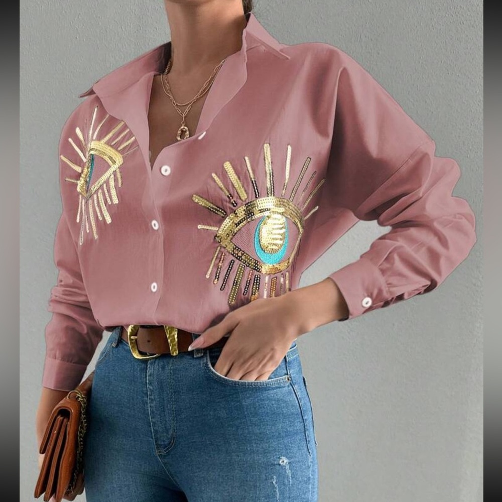 Boho pink blue eye embroidered button down long sleeve shirt - Picture 3 of 5